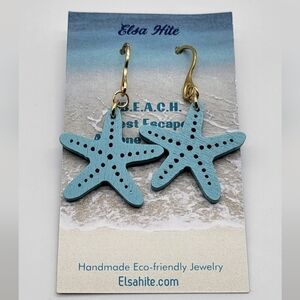 1284- Nautical Stars Wooden Dangle Earrings Handmade NWT